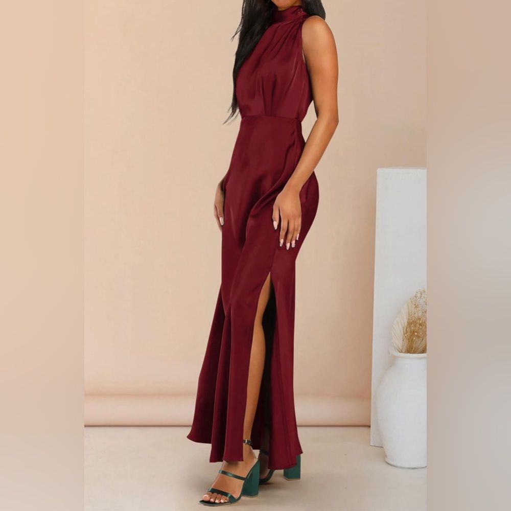PRETTYGARDEN Thigh Slit Mock Neck Satin Maxi Dress NWT